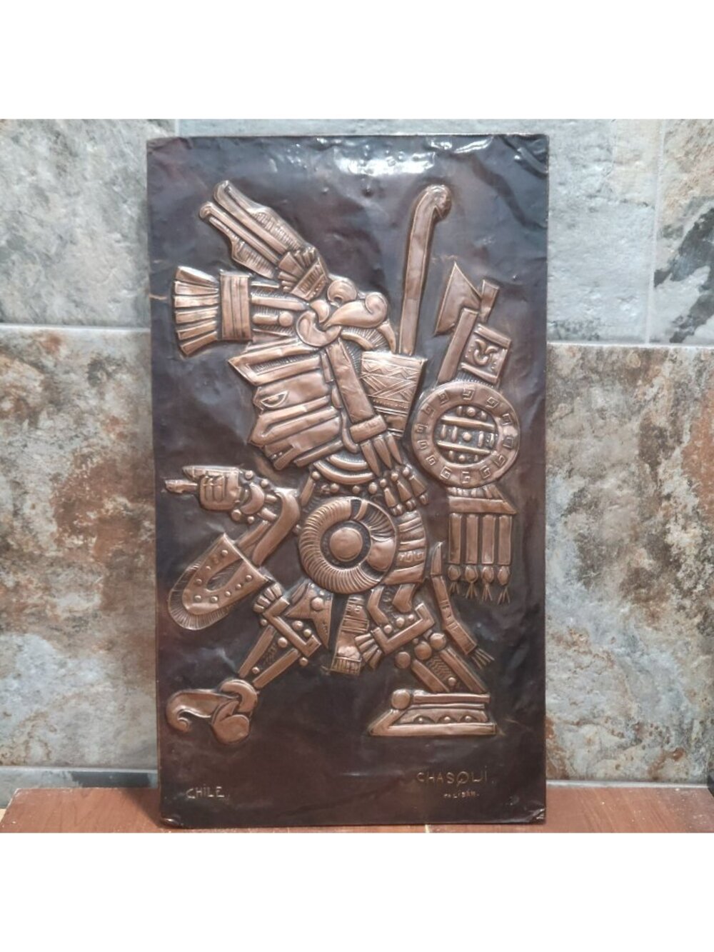 VTG Aztec Copper Relief Wall Plaque Tezcatlipoca Caliban Chile Chasqui Art